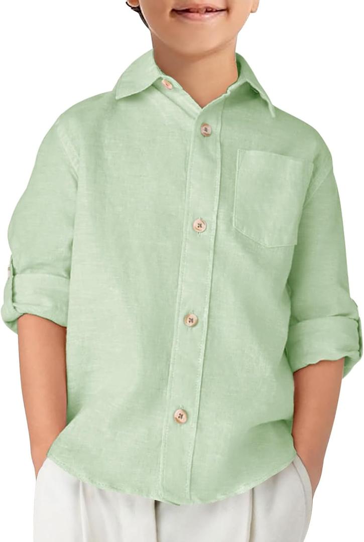 Haloumoning Boys Linen Button Down Dress Shirt Kids Long Sleeve Shirts Tops with Chest Pocket 5-14 Years (Light Green)