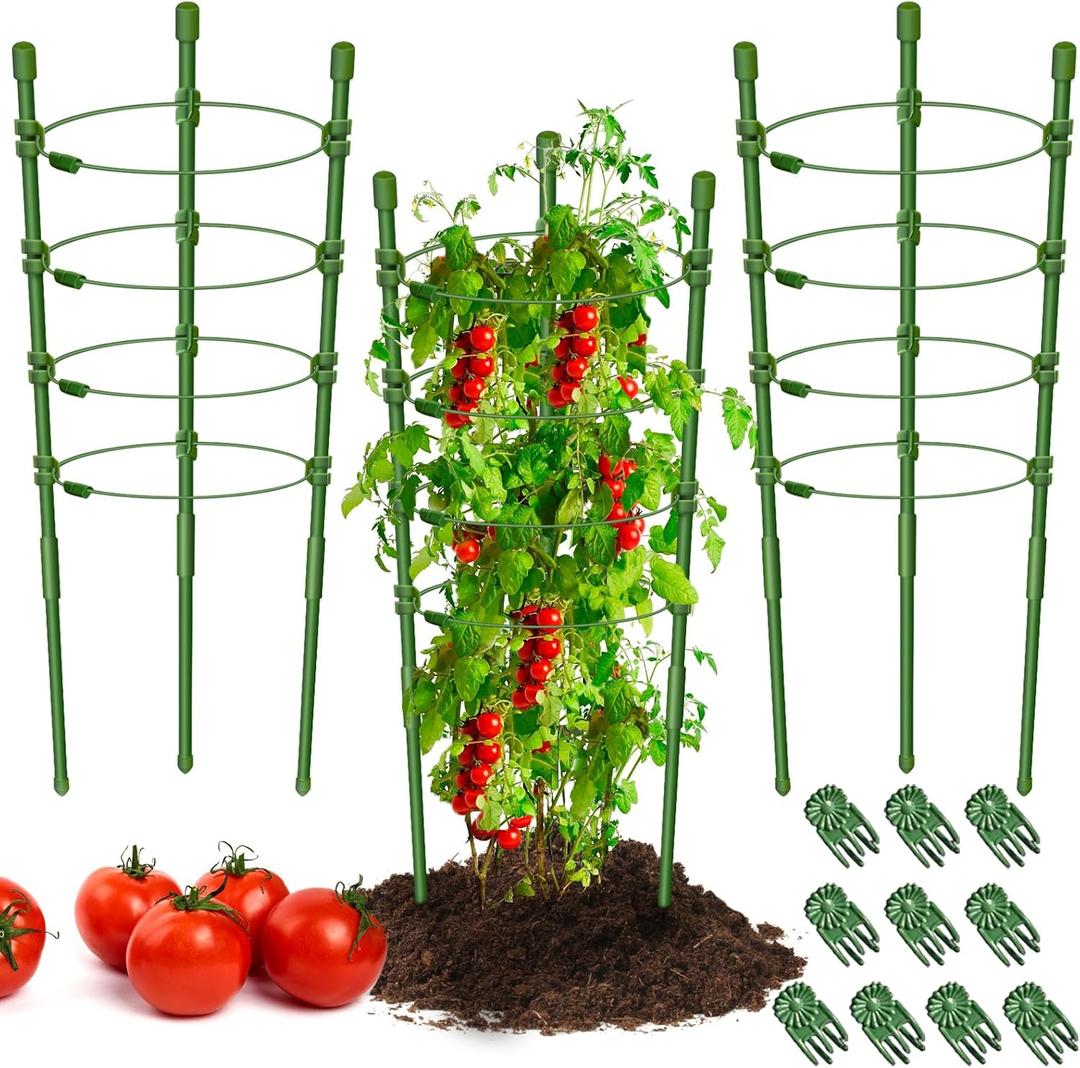 Legigo 3 Pack 24 Inch Plant Support Cages Tomato Cage for Garden- Plant Cages Adjustable Rings, Tomato Plant Support Stakes Trellis for Pots, Peppers, Cucumbers and Flowers with 10 Plant Clips