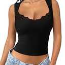REORIA Women Summer lace Square Neck Sleeveless Tops Going Out Sexy Trendy Cropped Tank Shirts Top Black, Small