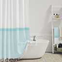 Dynamene Light Blue Fabric Shower Curtain, Farmhouse Boho Striped Tassel Shower Curtain for Bathroom, Bohemian Textured Cloth Shower Curtain Set with Hook, Water Repellent, Wrinkle Free, 72x72