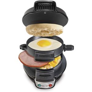 Hamilton Beach Breakfast Sandwich Maker with Egg Cooker Ring, Customize Ingredients, Perfect for English Muffins, Croissants, Mini Waffles, Perfect White Elephant Gifts, Black (25477) (Single)