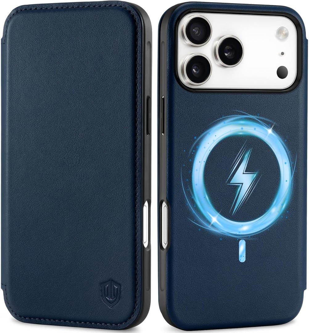 SHIELDON Genuine Leather Slim Wallet Case for iPhone 17 Pro Max 6.9 Inch 2025 | Flip | RFID Blocking Credit Card Slot | Magnetic Closure | Wireless Charging | Shock Absorbing Cover | Navy Blue