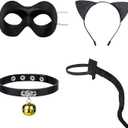 Black Cat Costume - 4PCS Ears, Tail, Eye Cover, Bell Choker - Cartoon Cat Cosplay for Kids & Adults Age 8-50