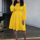 Elainone Women Long Sleeve A Line Dress with Belt Church Wedding Guest Semi Formal Office Dresses (Yellow) L