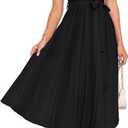 ZESICA Women's 2026 Summer Short Sleeve Midi Dresses Crewneck Knit Belted Pleated A Line Flowy Wedding Guest Long Dress, Black, Medium