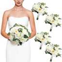 DIYDOFUN Set of 4 Bridesmaid Bouquets, 11 Inch Artificial Tossing Flower with Ribbons for Wedding Church Ceremony Bridal Shower Event Centerpieces Decorations - White