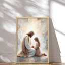Jesus and Girl Wall Art Natural Wood Christian Religious Wall Decor Jesus Pictures for Living Room Modern Christian Posters for Bedroom Bible Scripture Framed Canvas Art 16x24 Inch