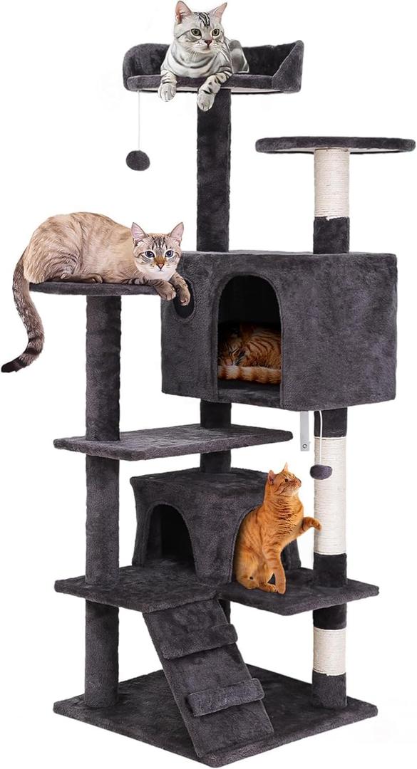 54-inch Cat Tree with Sisal-Covered Scratching Posts, Sturdy Standing Cat Tower for Indoor Kittens, Multi-Level Platforms, Perches, Condo and Hanging Ball for Cats to Play and Sleep (Grey)