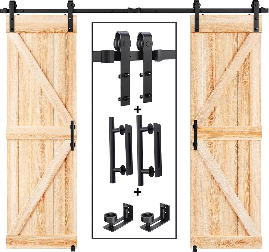 EaseLife 8 FT Double Sliding Barn Door Track and Handle Hardware Kit,Basic J Pulley,Slide Smoothly Quietly,Easy Install (8FT Track Kit for 20"~24" Wide Double Door)