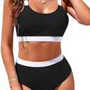 Womens High Waisted Bikini Sets Sporty Crop Top Color Block Swimwear Bandeau Scoop Neck Vintage Two Piece Bathing Suits S