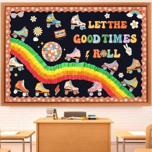 Funrous Let the Good Times Roll Bulletin Board Decorations Groovy Classroom Bulletin Decor 3D Rainbow Roller Skate Retro Hippie Boho Disco Paper Cutouts for Middle High School Chalkboard Wall Supplies