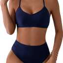 SOLY HUX Bathing Suit for Women Spaghetti Strap V Neck Ruched Bikini Sets Two Piece Swimsuit (Small, Plain Dark Blue)