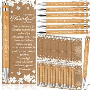 Gueevin 50 Set Inspirational Thanksgiving Gift Pens with Greeting Cards Fall Party Favors for Adults Bulk Thanksgiving Appreciation Gift Leaf Cards for Coworkers Employee Teacher Supplies