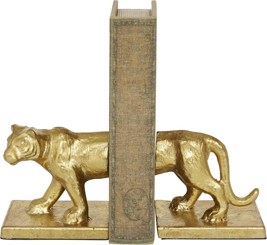 Deco 79 Metal Leopard Decorative Bookends Non Skid Bookends, Set of 2 Office Bookends4"W, 5"H, Gold