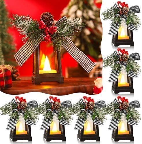 Set of 6 Christmas Mini Decorative Lanterns with Flickering LED Flameless Candle Hanging Lantern Decoration Bulk with Buffalo Plaid Bow Battery Included for Xmas Party (Black and White Bow)