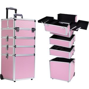 Makeup Rolling Train Case - Professional Cosmetics Organizer with Aluminum Frame, Folding Trays & Wheels, Portable for Travel & Studio (Pink)