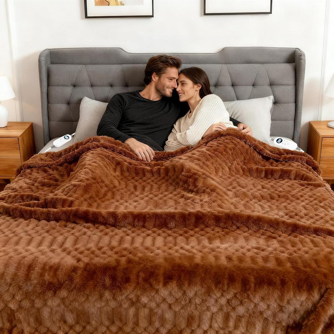 Heated Blanket Queen, 84"x90" Electric Heating with Dual Controllers,Machine Washable Blanket,12 Heat Levels & 12 Hours Auto Off, Soft Warm Flannel Blanket, Overheat Protection with ETL & FCC (Brown)