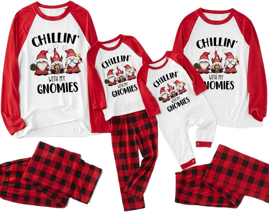 Matching Christmas Pajamas for Family/Couples, Plaid Pants with Christmas Tree Printed Tops Sleepwear, Xmas PJs Sets (Dwarf)