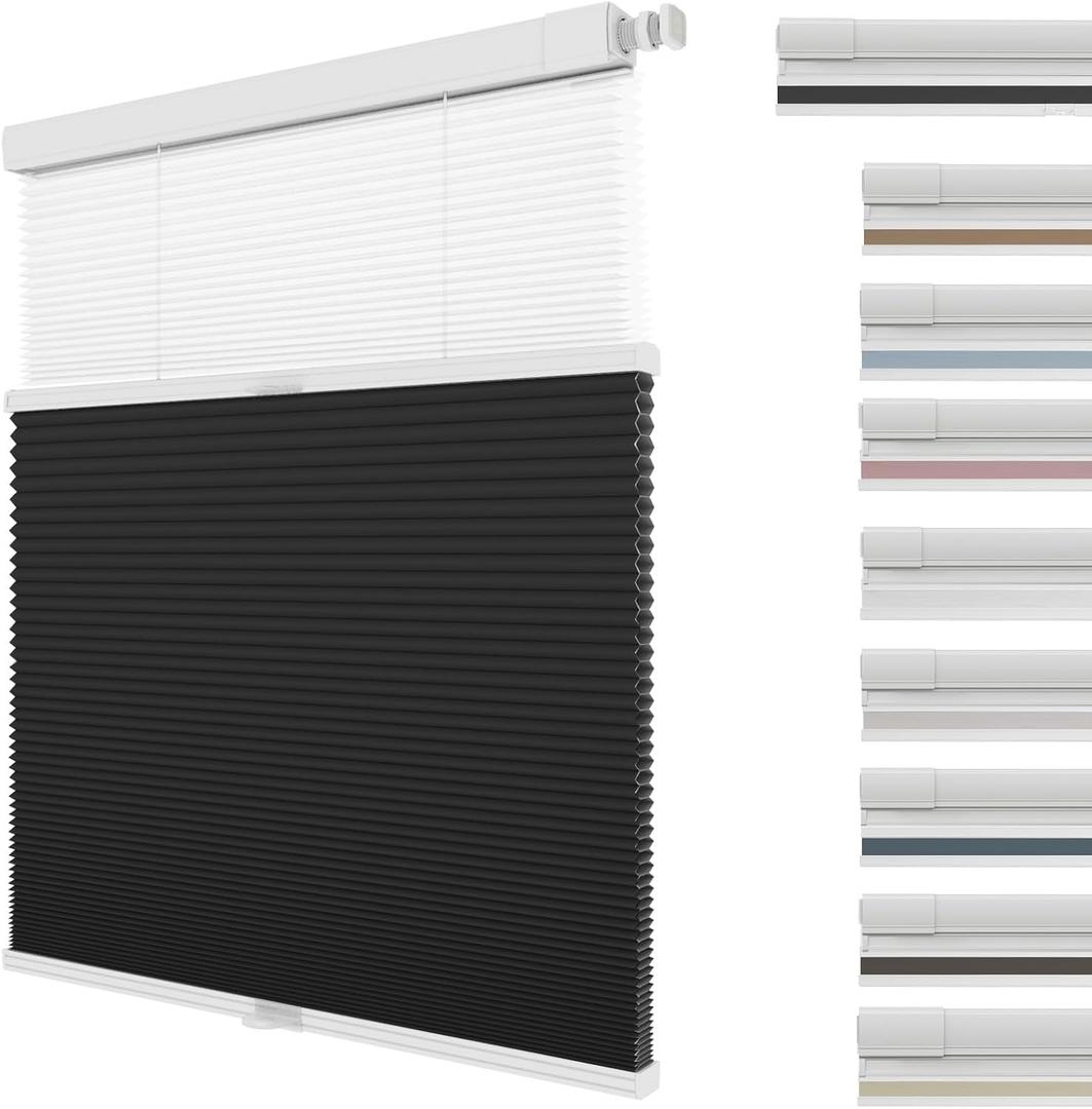 Changshade Custom Day Night Cellular Shades No Drill No Tools, Blackout/Light Filtering Double Honeycomb Blinds for Indoor Windows, Pull Down Shades for Home, Bedroom, Office, Black