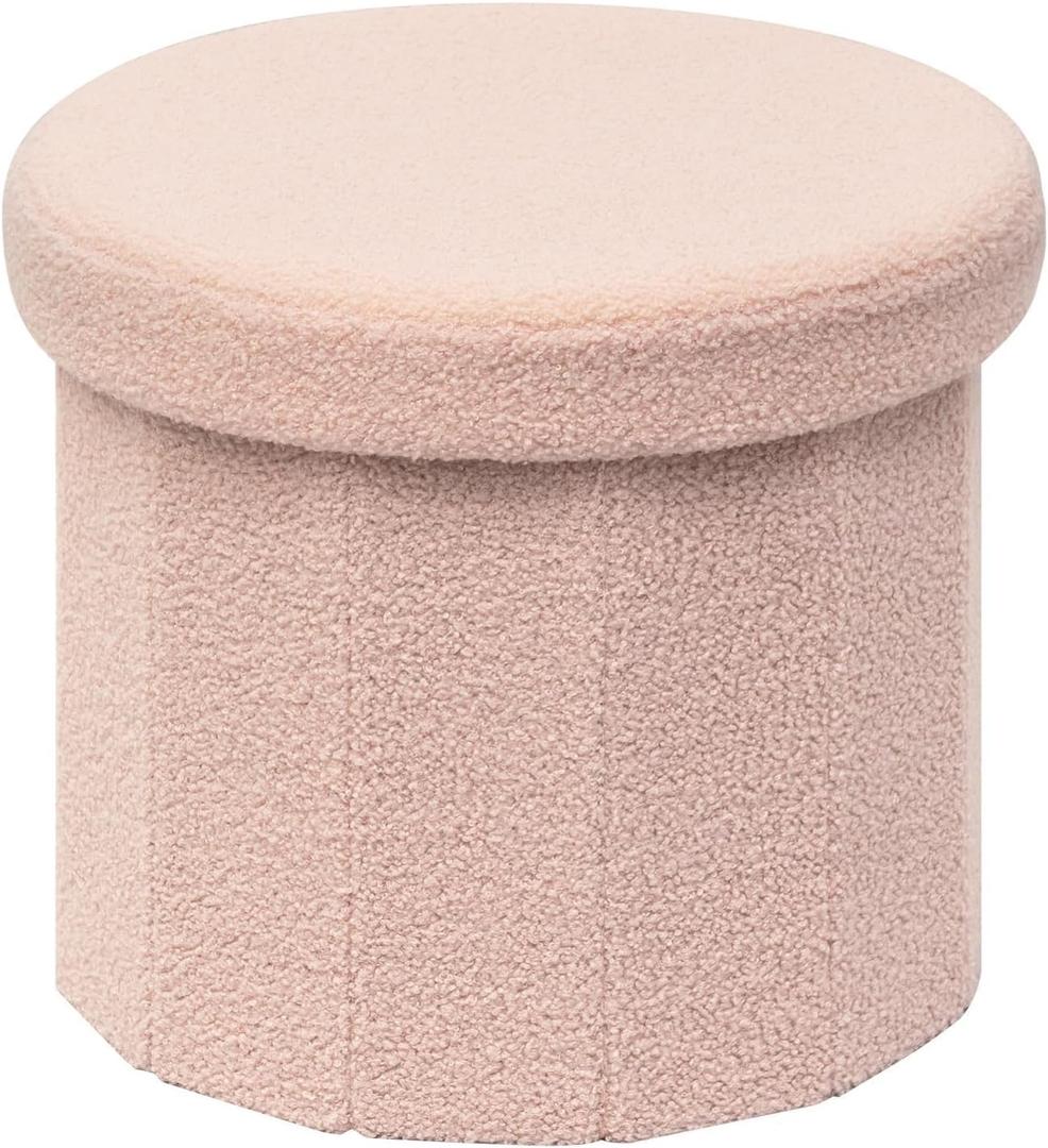 B FSOBEIIALEO Storage Ottoman Cube, Round Ottomans with Storage Foot Stool Footrest for Lving Room, Boucle Ottoman Seat for Dorm Room,Faux Teddy Fur, Pink 15"x15"x13.19"