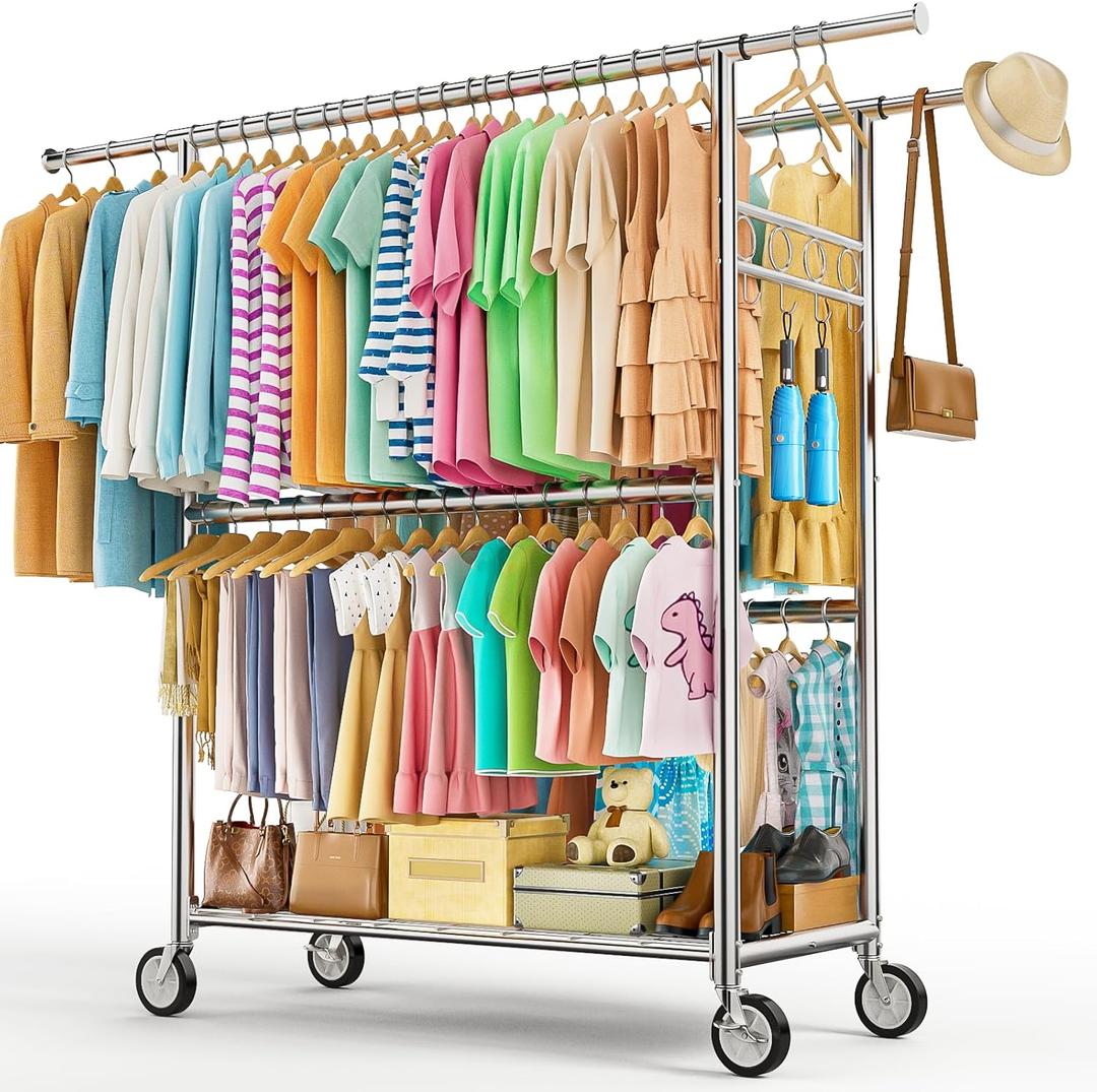 Heavy Duty Clothes Rack Load 1060LBS, Four Rods Rolling Clothing Racks for Hanging Clothes, Rolling Garment Rack With Sturdy Wheels Shelves Hooks, Portable & Adjustable Commercial Garment Rack, Silver (20.0" x 60.6" x 72.8"(4 Rods))