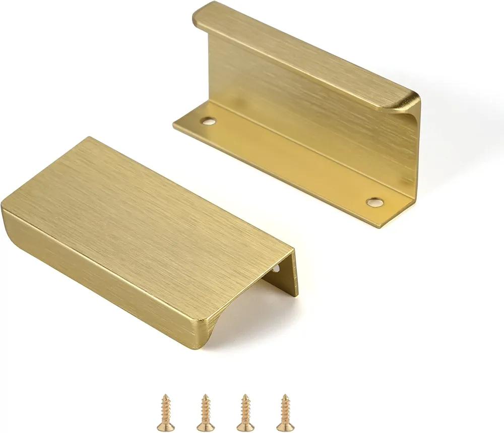 Satanga Edge Finger Tab Pull for cabinets Kitchen Concealed Drawer pulls Aluminum Flat Hidden Back Mount Door Handle for Home 10Pack Modern Brushed Brass 2-1/2" Hole Center Easy Installation