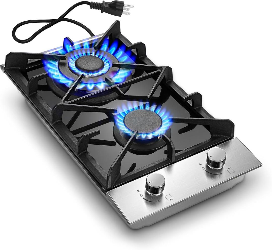 12 Inch Gas Cooktop, 2 Burner Propane Cooktop, Black Tempered Glass | ETL Certified, Thermocouple Protection, NG/LPG Convertible, Built-in Design for RV & Small Spaces