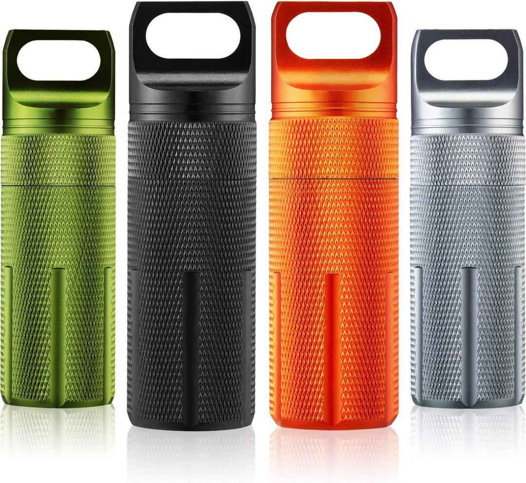 Patelai 4 Pcs Portable Keychain Pill Holder Pill Organizer Travel Waterproof Match Container Aluminum Airtight Keychain Container Travel Size Storage Supplements Holder for Outdoor Camping (Vintage)