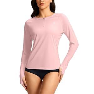 SANTINY Women's Rash Guard UPF50+ SPF Long Sleeve Swimsuits Top UV Sun Protection Swim Shirts for Woman with Zip (Pink_M)