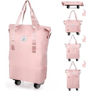 Finnhomy 50L Expandable Rolling Duffel Bag with Wheels Foldable Duffel Bag for Travel Carry on Bag with Wheels Luggage Travel bag Detachable Wheel Duffel Bag for Shopping Travel Outdoor, Pink