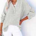Dokotoo Womens Casual Button V Neck Long Sleeve Shirts Oversized Solid Blouses Tops (Gray, M)