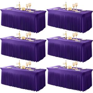 6 Packs Purple Table Clothes for 6 Foot Rectangle Tables, One-Piece Wrinkle Resistant Stretch Spandex Table Covers with Skirt for Event Banquet Wedding Birthday Party