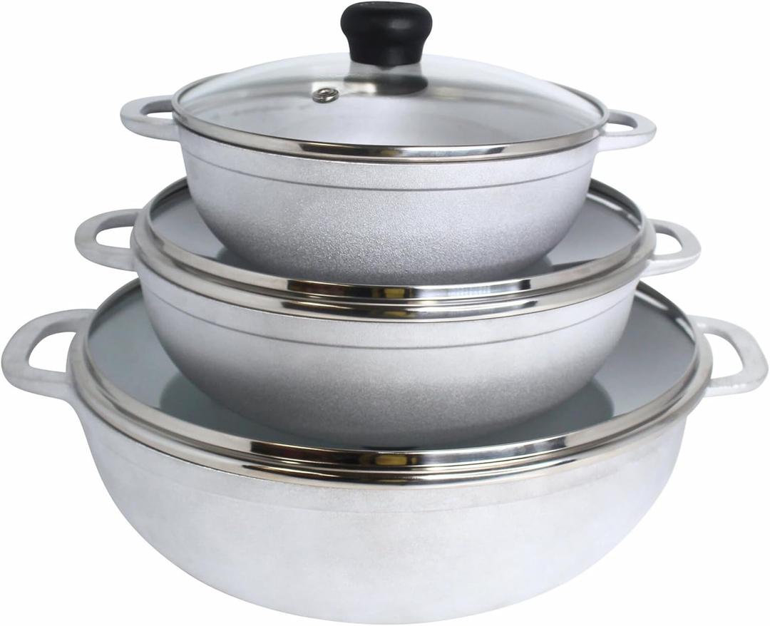 IMUSA Caldero Stock Pot with Glass Lid 3pc Set, 1.5/2.5/5.2qt, Cast Aluminum, Perfect for Serving Medium & Small Groups, Riveted Handles, Made in Colombia, Silver.