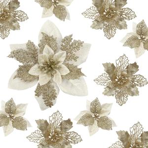 Alupssuc 24 PCS 3 Styles 6'' Poinsettia Christmas Flowers Artificial, Glitter Artificial Flower, Christmas Decorations for Xmas Tree Party Wreath Fireplace, New Year Ornaments, Light Gold Alupssuc 24 PCS 3 Styles 6'' Poinsettia Christmas Flowers Artificial, Glitter Artificial Flower, Christmas Decorations for Xmas Tree Party Wreath Fireplace, New Year Ornaments, Light Gold