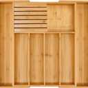 VaeFae Bamboo Silverware Drawer Organizer Kitchen, Expandable Utensil Organizer with Knife Block, Cutlery Tray with Divider, Multifunctional Drawer Organizer (Natural)