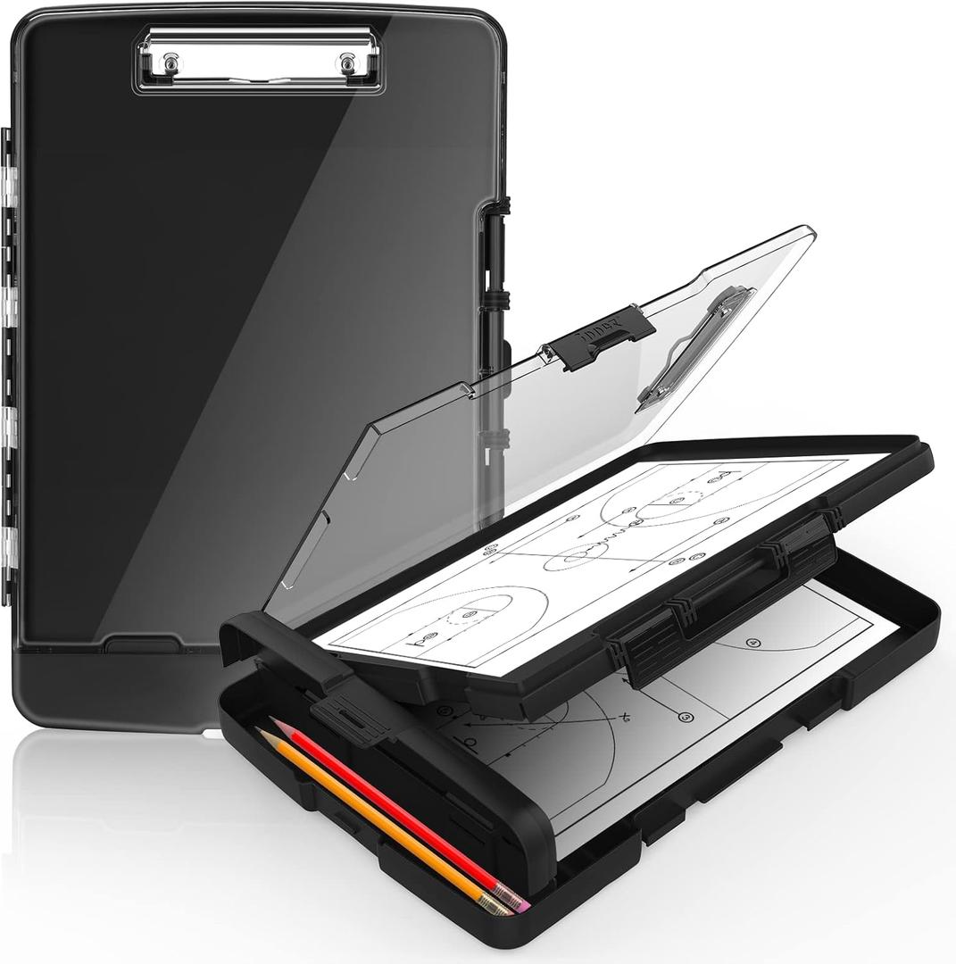 Sooez Original Clipboard with Storage & Pen Holder, Heavy Duty Clip Boards 8.5x11 with Dual Storage, Clearview Dry Erase Coach Clipboard with Real Hinge, High Capacity, School & Office Supplies (Black)