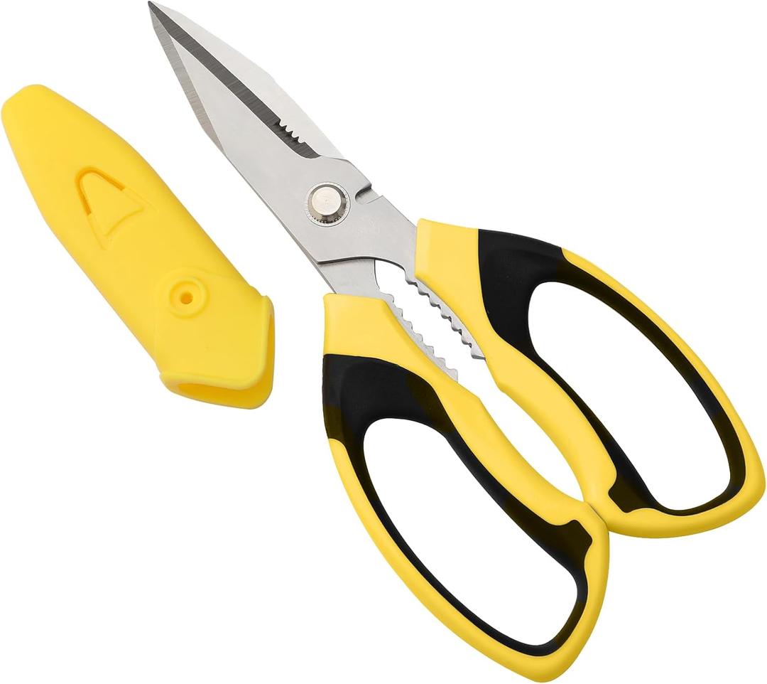 Utility Scissors Heavy Duty: 8-Inch sharp Scissors All Purpose heavy duty, Serrated Blades Cut Carpet, Cardboard, Wire, Leather, Fabric, Multipurpose Shears for Kitchen, Garden, Office, Craft (Yellow)