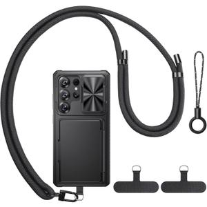 BXYJY for Samsung Galaxy S25 Ultra Case with Strap, Crossbody Cell Phone Lanyard for Women Men, Wallet Card Holder, Military Grade & Camera Protection, Heavy Duty Case for Samsung S25 Ultra, Black