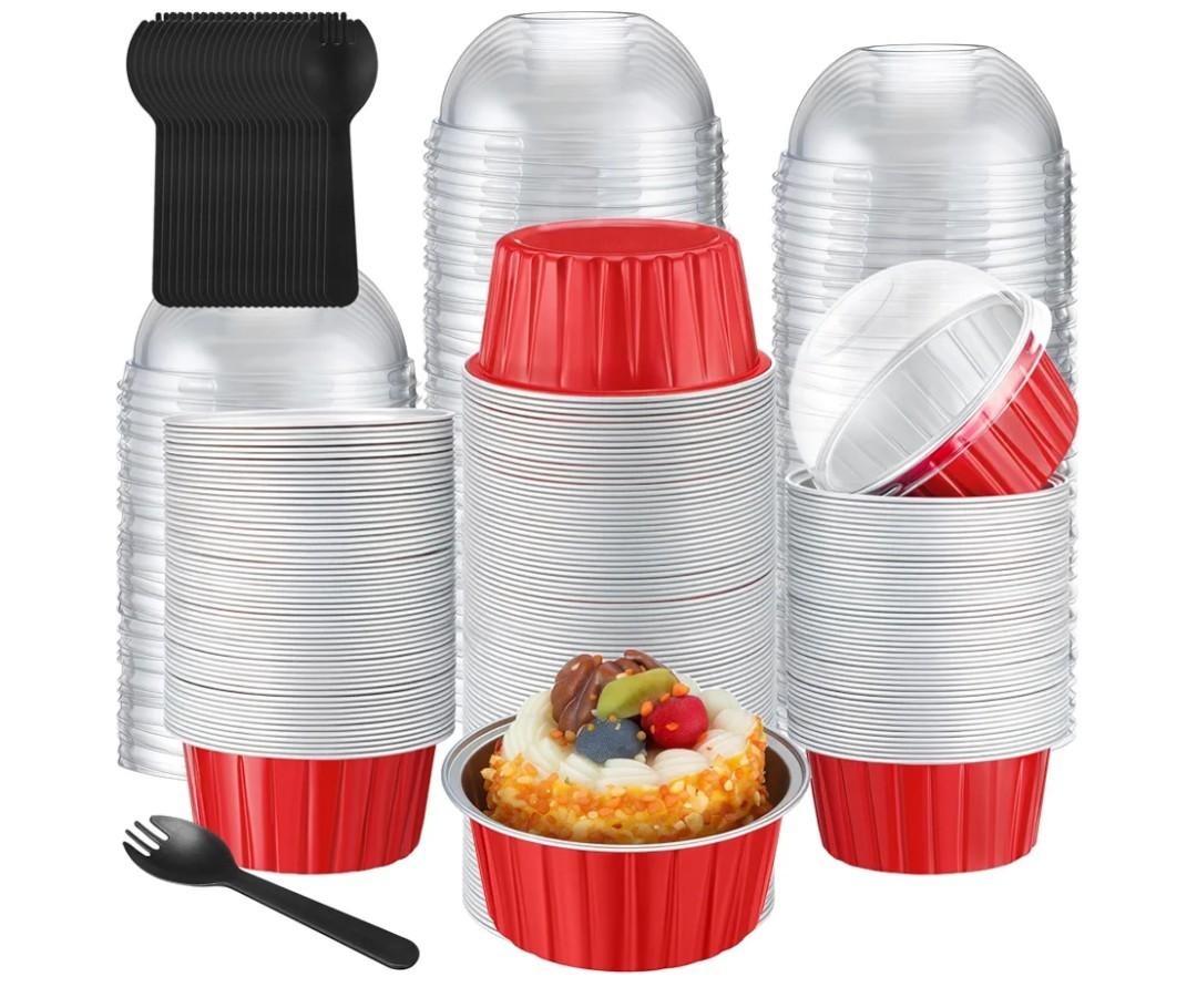 200 Pcs 5 oz Cupcake Liners Mini Aluminum Cake Pans Foil Baking Cups Loaf Pans with Dome Lids and Spoons Disposable Ramekins for Party Christmas Graduation Wedding Birthday(Red)