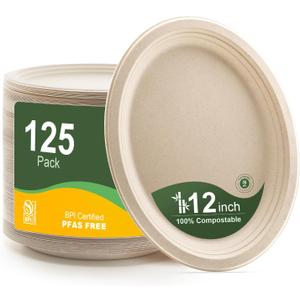 100% Compostable Oval Paper Plates 12 Inch, 125-Pack Large Heavy Duty Paper Plates Bulk,Biodegradable Bagasse,Eco-Friendly Disposable Dinner Plate for BBQ,Picnic,Party (BPI Certified,Microwaveable) (Natural)