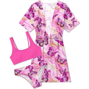AIDEAONE 5-16T Girls Bathing Suit 3 Piece Swimsuit Drawstring Quick Dry Tankini with Cover Ups