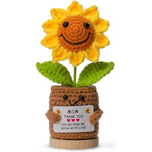 Levvohd Thank You Gifts for Mom from Daughter, Crochet Sun Flower Desk Decor Accessories are The Best Positive Gifts for Women Mothers Day Birthday (Brown Sunflower MOM - A)