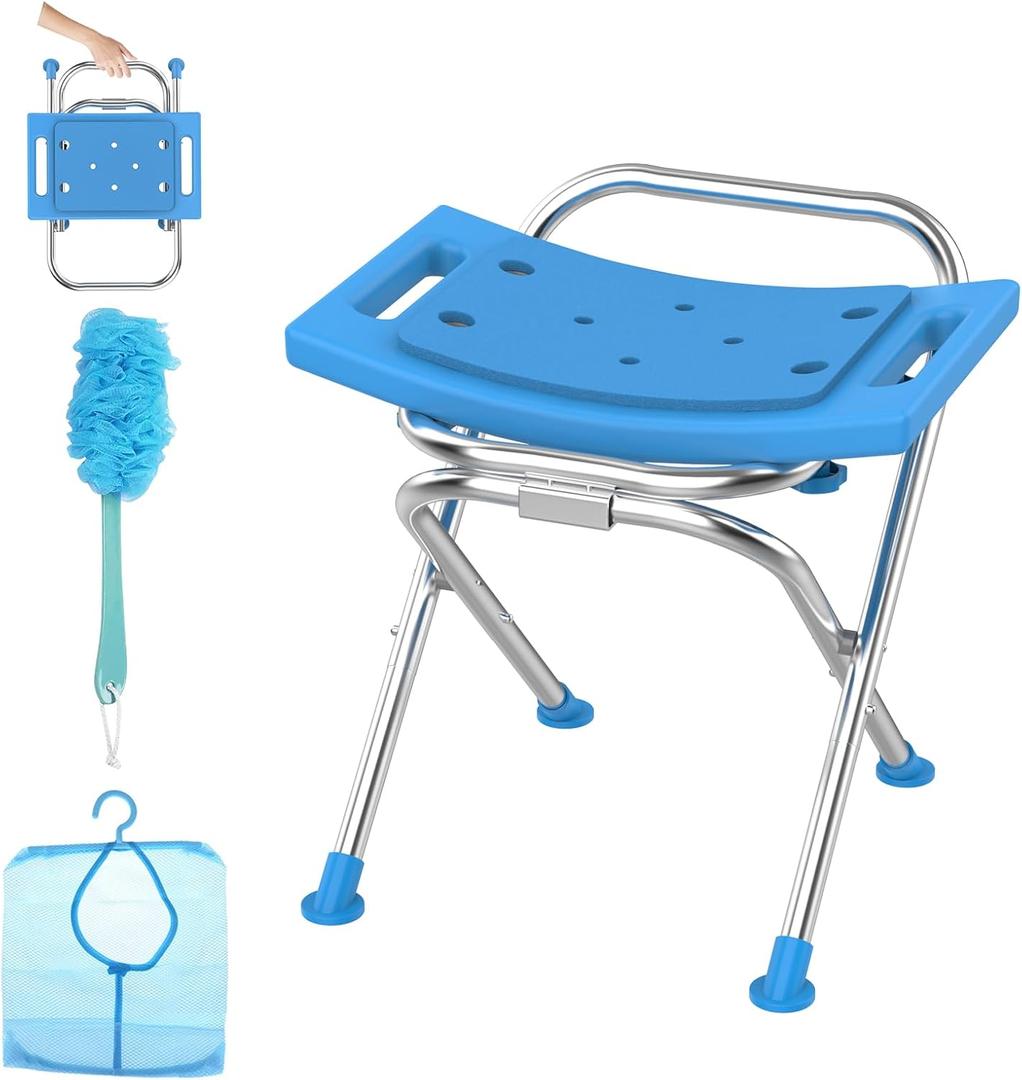 Folding Shower Chair Seat, 17.5" Stainless Steel Small Shower Chair for Inside Shower, 400lbs Portable Travel Shower Stool, Safety Anti-Slip Bath Chair for Seniors, Disabled, Blue