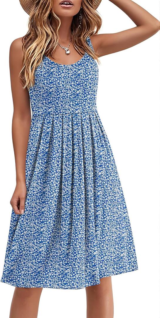 Akihoo Women Summer Casual Sleeveless Midi Plain Pleated Tank Vest Dresses (Medium, 01 Floral 12 Blue White)