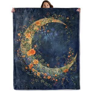 Moon and Flowers Throw Blanket for Boys Girls Kids Adults Women, Fuzzy Warm Soft Cozy Flannel Blankets Gifts for Bedroom, Couch, Travel, Home Decor 50x60 in