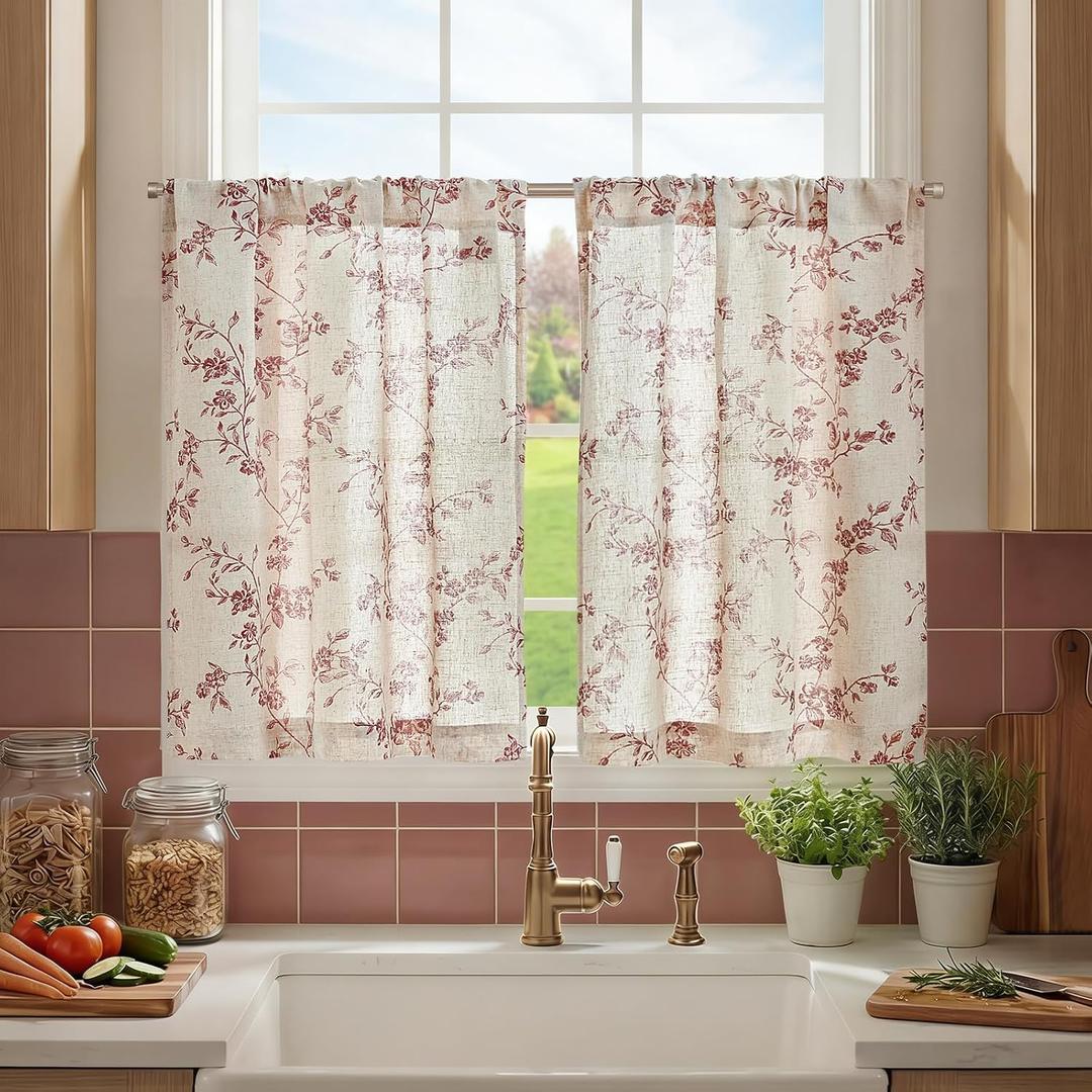 jinchan Floral Kitchen Curtains 30 Inch Linen Tier Curtains Farmhouse Cafe Half Window Drapes Over Sink Light Filtering for Living Room Laundry RV Rod Pocket 2 Panels Maroon Red on Beige, 26"W x 30"L