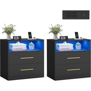 VASAGLE 23.6‑Inch Wide Nightstands, Set of 2, LED Lights, 2 Drawers