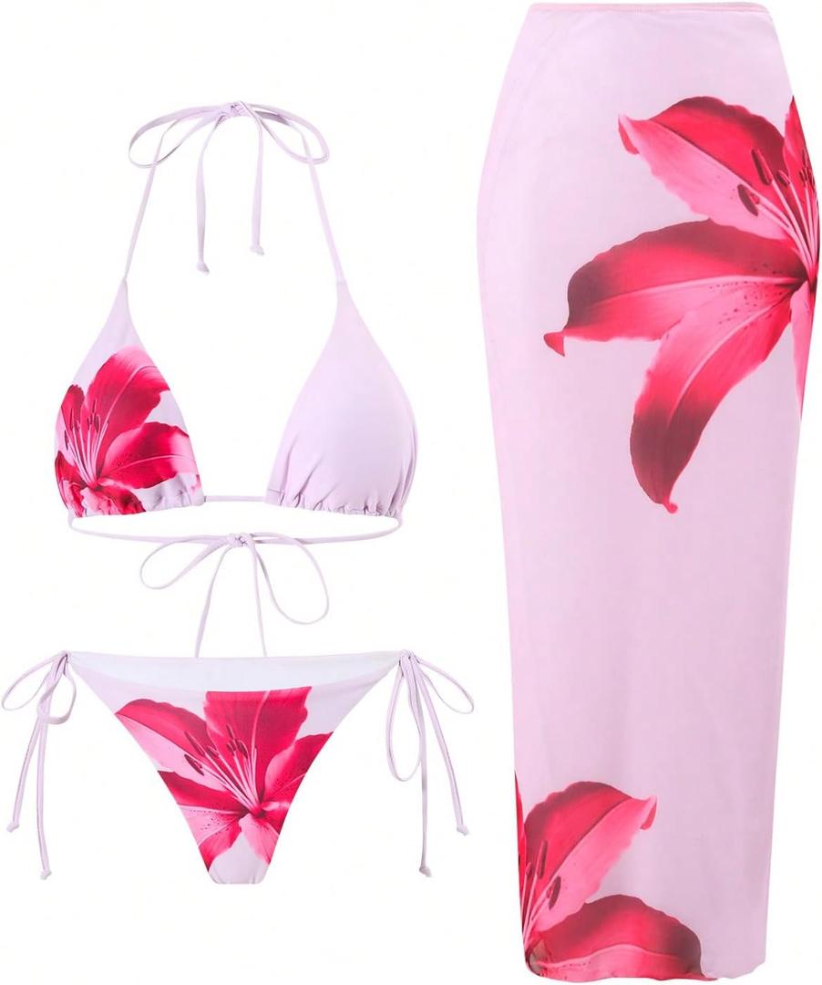 ZAFUL Womens 3pcs Swimsuit Floral Halter Triangle Bikini Top Tie Side Bottom with Long Sheer Cover Up Skirt (Large, 5-pink)