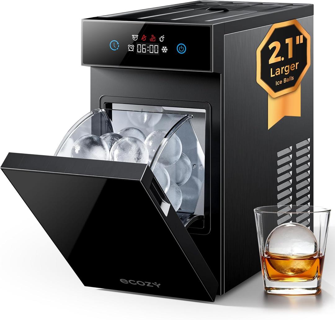 ecozy 2.1" Clear Ice Ball Maker Countertop with CrystalFlux Technology, Minimal Footprint Sphere Ice Maker with 8H Timer, 1 pc in 30 Mins, 48 pcs/Day, Self-Cleaning for Home Bar Whiskey & Bourbon, Glossy Black