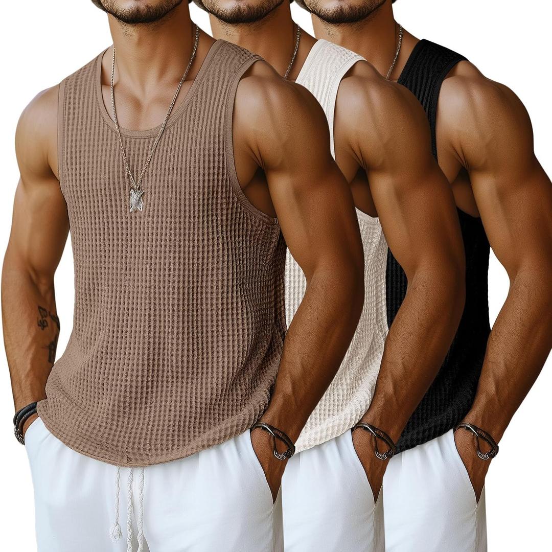 Riyiper 3 Pack Men's Waffle Knit Tank Tops Casual Sleeveless Shirts Classic Beach Tank T-Shirts Summer Loose Muscle Shirts (Black, M)